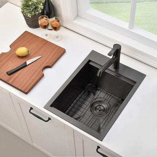IKEBANA 15 Inch Black Bar Sink Drop In, 16 Gauge Stainless Steel Topmount Small Kitchen Sink, 15x20 Inch Single Bowl Wet Bar Outdoor RV Prep Laundry Sinks With Dish Grid& Drain