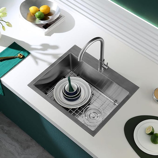 22 inch Drop-in Kitchen Sink Single Bowl, Small Topmount Kitchen Sink with Protective Bottom Grid, Overmount 304 Stainless Steel Kitchen Bar Sink Handmade with Basket Strainer, 22×18×9 inch
