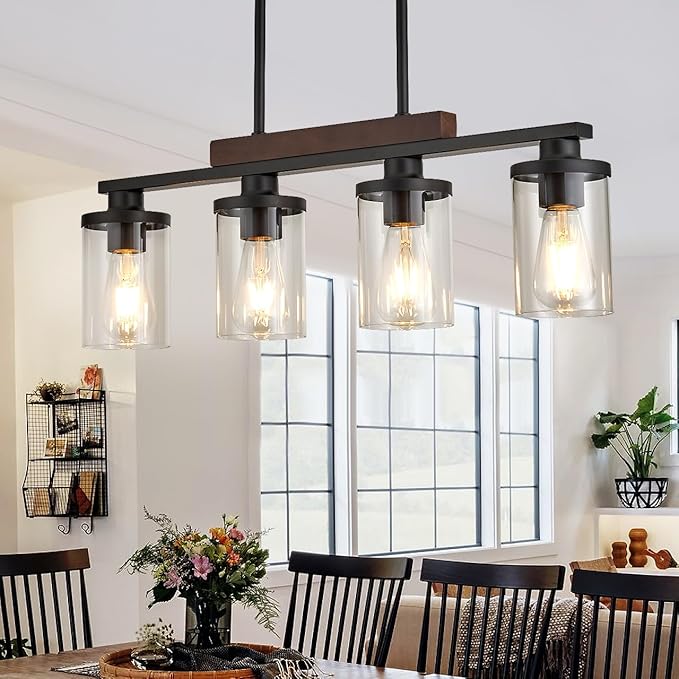 Kitchen Table Light Fixtures Over Island Ceiling Hanging,4-Light Rustic Wood Pendant Chandelier for Dining Room with with Glass Shade
