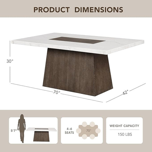 Furniture of America Rafferty Modern Solid Wood 70-inch Rectangle Dining Table with Genuine White Marble Tabletop and Tapered Pedestal Base, Seats up to 6, for Home Kitchen, Living Room, Dark Walnut