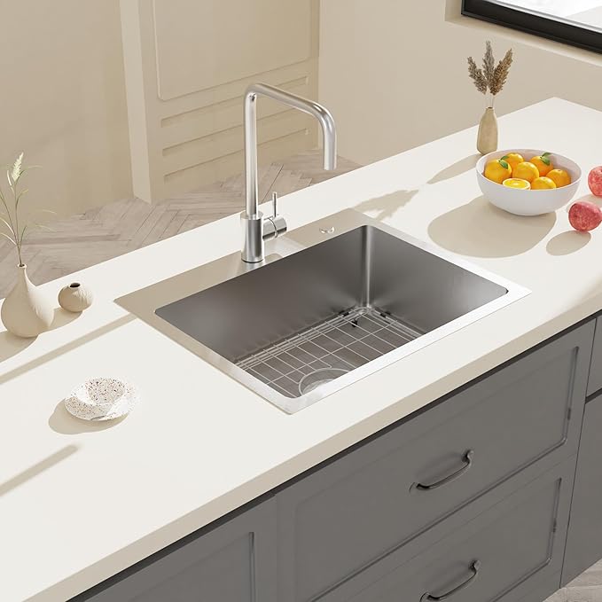 22" x 18" Drop in Kitchen Sink 304 Stainless Steel Single Bowl Topmount Kitchen Sink with Drain Kit and Bottom Grid, Brushed