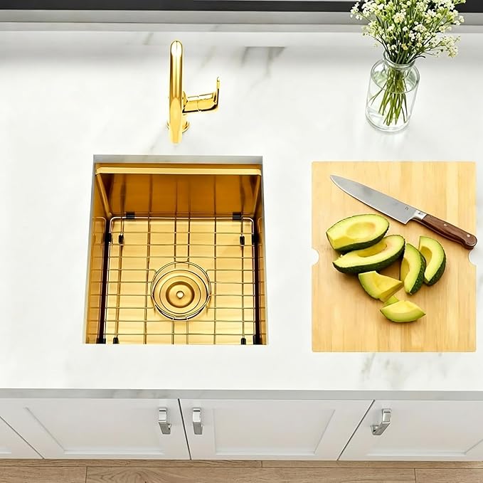 Gold Bar Sink, 16 Gauge T-304 Stainless Steel Undermount Kitchen Sink, 15 Inch Small Kitchen Sink with Accessories, 15" x 17" x 10" Single Bowl Workstation Sink For Wet Bar, Outdoor, RV