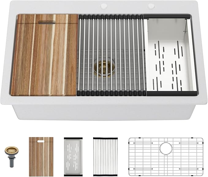 Mocoloo 33 Inch Drop in Workstation Kitchen Sink, 33x22 White Granite Composite Quartz Single Bowl Topmount Ledge Sink Above Counter