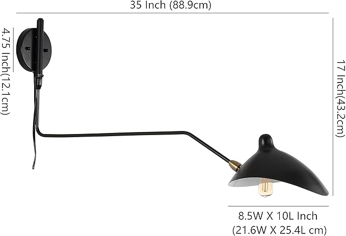 JONATHAN Y 8.5" Black/Brass Gold Retro Swing Arm LED Wall Sconce, Mid-Century Modern Iron Plug-in Light for Bedroom, Living Room, Adjustable Metal Bowl Shade (JYL9067B)