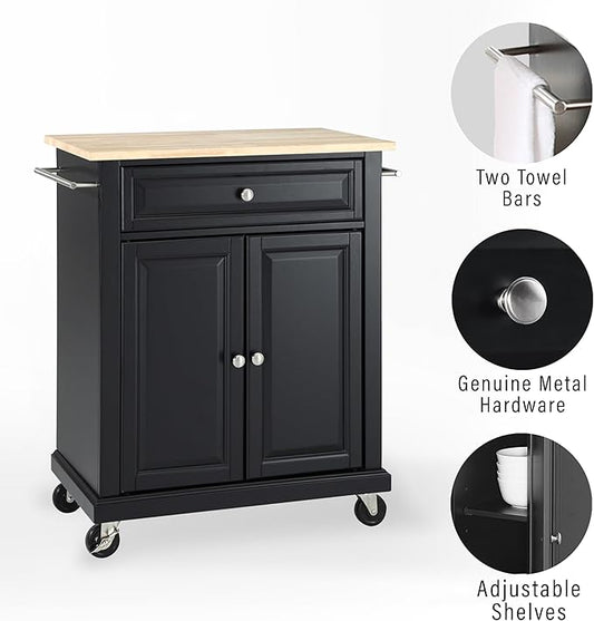 Crosley Furniture Compact Wood Top Small Rolling Cart with Shelves, Microwave Stand with Towel Rack, Black
