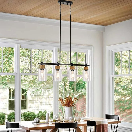 Black Pendant Lights Kitchen Island, Farmhouse Chandeliers for Dining Room, Linear Island Lights with Jute Rope & Clear Glass Shades(Black 4 Light)