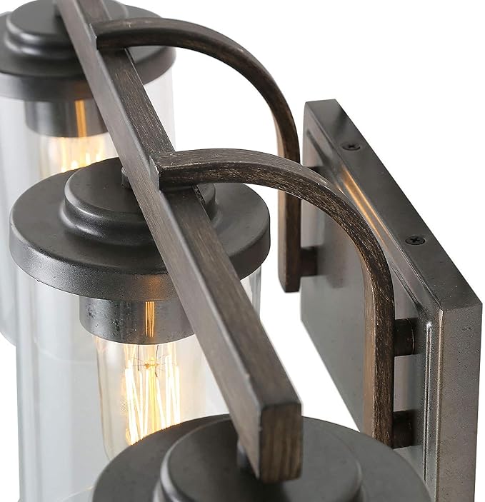 LALUZ Bathroom Vanity Light Fixtures, 3-Light Farmhouse Vanity Light with Clear Glass Shades, Faux Wood, 20’’ L x 6.3’’ W x 8.7’’ H