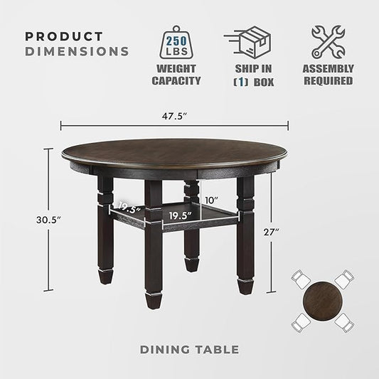 Lexicon Braun 47.5 Dia. Round Dining Table - 30.5" High Round Small Kitchen Table for 2-4, Solid Wood Frame for Small Dining Room, Storage Shelf, Easy Assembly, Brown and Black