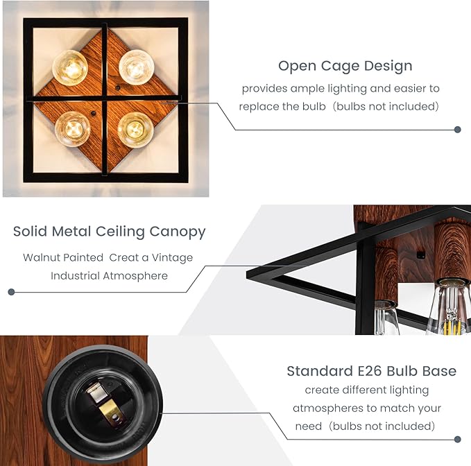 Semi Flush Mount Ceiling Light Fixture, 4 Light Industrial Ceiling Light with Black Frame & Wood Grain Accent, Close to Ceiling Farmhouse Lighting for Kitchen, Bathroom, Bedroom, Hallway (E26,2-Pack)