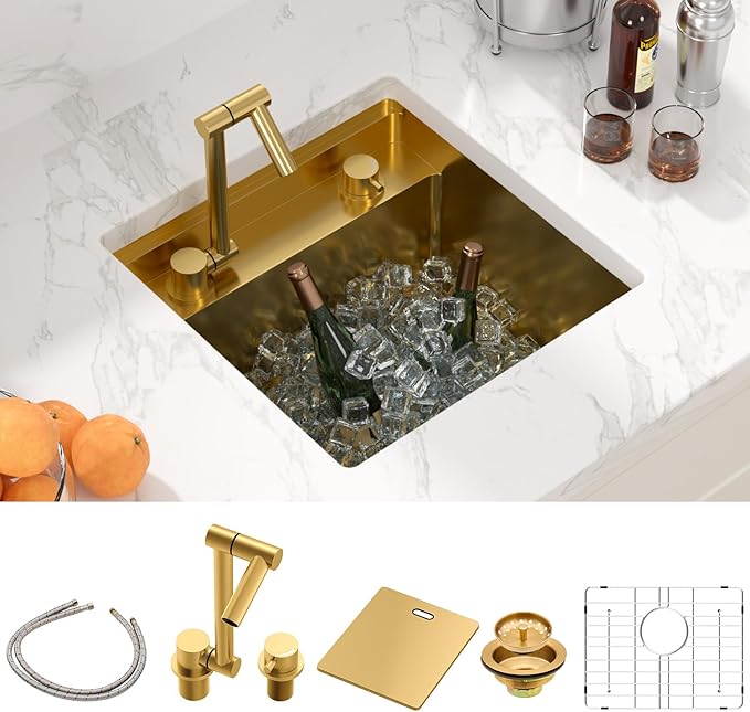 Sarlai Undermount Bar Sink - 18 Inch Gold Undermount Kitchen Sink Workstation with Foldable Faucet 18x18 Inch Outdoor Bar Prep Single Bowl Gold Sinks 16 Gauge Stainless Steel BBQ Basin with Cover