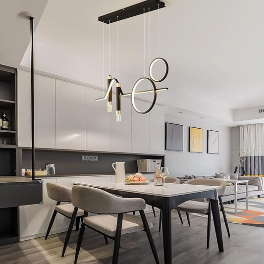 Siittoo Modern LED Pendant Lighting Fixtures, 45W Dimmable LED Modern Chandelier Lights with Geometric Shapes & Bubbles, 37'' Black Linear Wave Dining Room Light Fixture for Kitchen Island Living Room