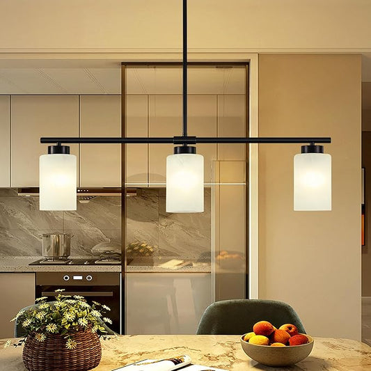 31" Kitchen Island Lighting 3 Light Black Pendant Light for Kitchen Island with Milk Glass Shade Modern Linear Chandelier Adjustable Hanging Farmhouse Light Fixtures Over Dining Table Living Room,E26