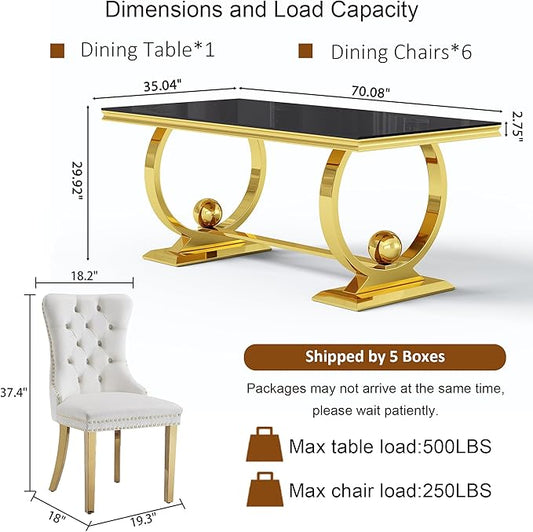 7-Piece Modern Luxury Dining Table Set, 70" Black Tempered Glass Dining Table with Gold Polished Stainless Steel U-Shaped Pedestal Base, 6 White Velvet Upholstered Chairs, for Dining Room, Office