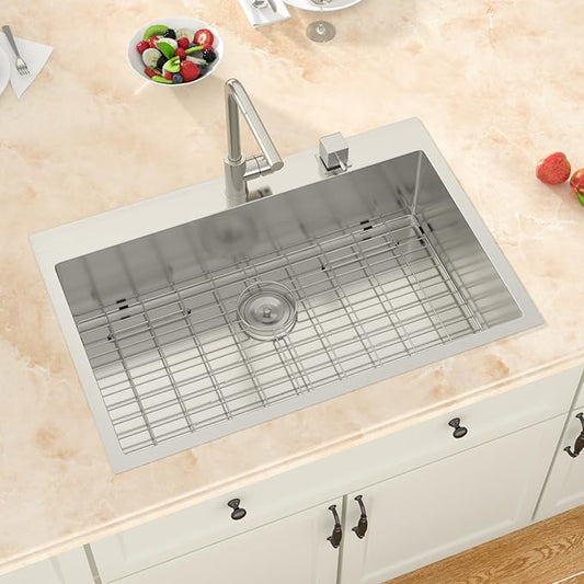 30 Drop in Kitchen Sink - Meryaio 304 Stainless Steel Topmount 16 Gauge 30x22 Single Bowl Sinks for Kitchen, Handmade Above Counter Large Kitchen Sinks Basin with Drain Accessories, 30''x22''x9''