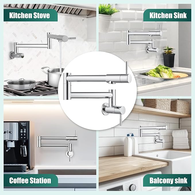 Heyalan Pot Filler 19 Inch Wall Mount Folding Stretchable Kitchen Restaurant Faucet Stainless Steel Pot Filler Double Joint Swing Arm Two Handles Commercial NPT,Straight Handle,Polish Chrome