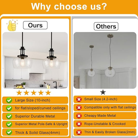 Modern Pendant Lights Kitchen Island, Matte Black Pendant Light Fixtures with 10" Clear Glass Shade, Industrial Hanging Pendant Lights Fixture for Kitchen Island, Dining Room, Bedroom, Foyer, Entryway