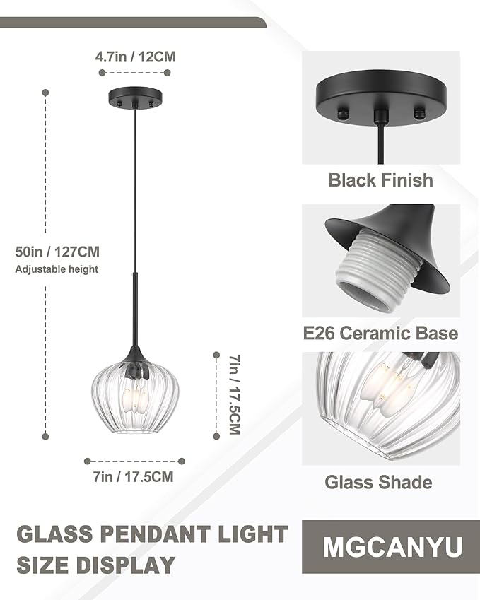 Glass Pendant Lights for Kitchen Island, 7" Modern Matte Black Pendant Light Fixtures Small Farmhouse Hanging Light for Kitchen, Dining Room, Sink, Bathroom