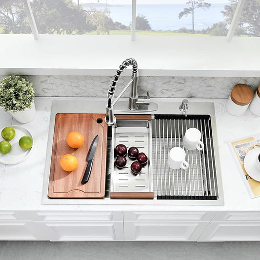 33 Inch Drop In Kitchen Sink - 33x22 Kitchen Sink Drop In,16 Gauge Stainless Steel Topmount, 10" Deep Single Bowl Workstation Sinks with Accessories