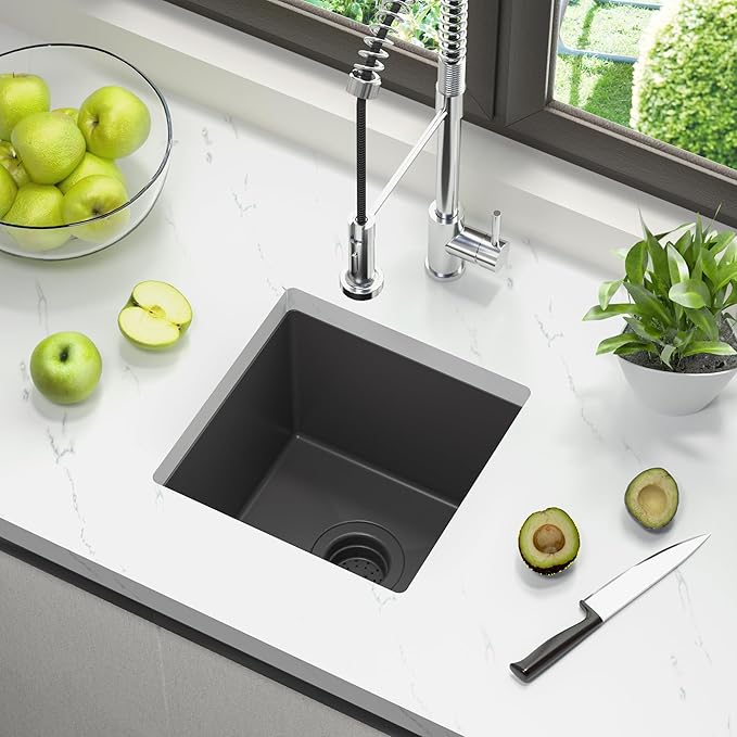 TORVA 14 x 14 Inch Gloss Black Undermount Kitchen Sink, PVD Coated Gunmetal Bar Sink,16 Gauge T-304 Stainless Steel Single Bowl Wet Bar or Prep Sinks with Zero-Radius Corners, Dark Grey