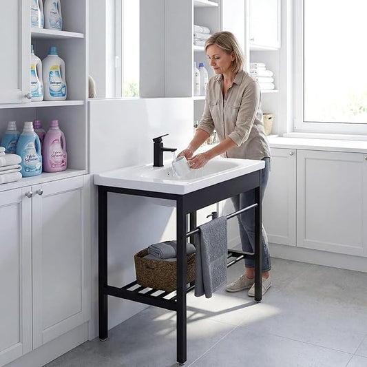 Freestanding Bathroom Console Sink, Bathroom Vanity with Sink, 28.3" x 19" x 32.3" Ceramic Console Sink Set With Bracket, Utility Sink for Laundry Room, Washing Room, Garage, Basement, Outdoor, Indoor