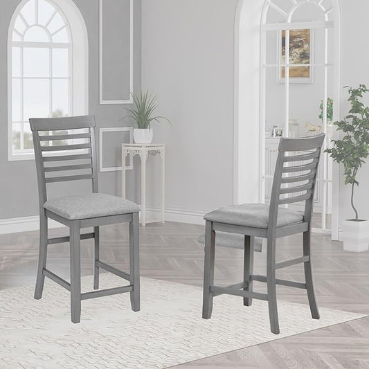 Counter Height Dining Chairs Set of 4, Gray Wooden Bar Stools with Ergonomic Ladder Back & Padded Linen Seat, Kitchen Chairs for Dining Room, Living Room