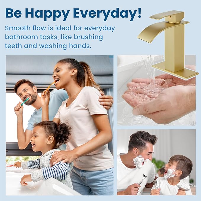 Airuida Brushed Gold Waterfall Spout Single Handle Bathroom Sink Faucet Single Hole Rv Lavatory Vanity Vessel Faucet Basin Mixer Tap with Deck Plate Supply Hoses 1 Hole or 3 Hole