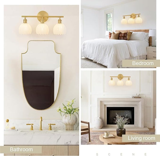 Gold Bathroom Light Fixtures Over Mirror, 3 Light Bathroom Vanity Light Fixture with Tulip Milk White Glass Lampshade, Vintage Vanity Lights for Bathroom, Bathroom Vanity Lights Over Mirror