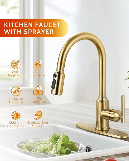 Gold Kitchen Faucet with Pull Down Sprayer: WOWOW High Arc Single Handle Classic Stainless Steel Sink Faucet 1 or 3 Hole,Kitchen Sink Faucet Suitable for Farmhouse Camper Laundry Rv Bar