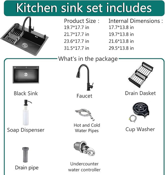 Black Kitchen Sink with Faucet, Top Mount/Drop-In 3 Hole Single Bowl Stainless Steel Sink with Cup Washer, Soap Dispenser, Drainage kit for Bar, Kitchen, Balcony (19.7 * 17.7in)