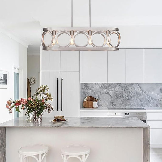XINGQI Kitchen Island Chandelier for Dining Room Modern Farmhouse Brushed Nickel Rectangle Pendant Lighting Fixture Vintage Linear Hanging 4-Light Rustic Living Room Lights