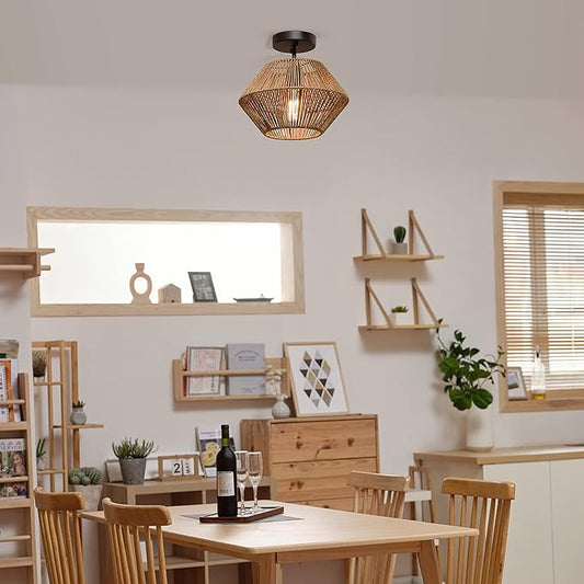 GLOBE Electric 65891 1-Light Flush Mount Ceiling Light, Matte Black, Natural Twine Shade
