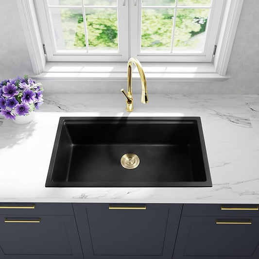 Black Undermount Kitchen Sink 25 Inch - Drop In Granite Quartz Composite Workstation Sink - Deep Single Bowl,Dual Mount,with Accessories(Black, 25.59" X 17.72")