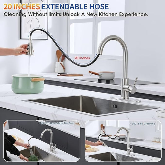 Kitchen Faucets with Pull Down Sprayer, Brushed Nickel High Arc Single Handle Stainless Steel 1 or 3 Hole Utility Modern Faucet for Kitchen Sink, Suitable for Bar Laundry RV Farmhouse Camper