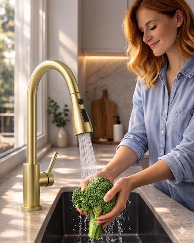 WEWE Kitchen Faucets with Pull Down Sprayer, Stainless Steel Single Handle 1 Hole for Family Kitchen Commercial Camper Laundry Rv Bar, Gold