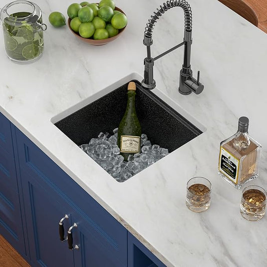 Black Undermount Kitchen Sink 18"x18" Workstation Granite Composite Bar Sink Small Granite Sink Undermount Quartz Modern Under Counter Ledge Single Bowl Kitchen Sinks Basin Deep Sink,LOF-Q4528