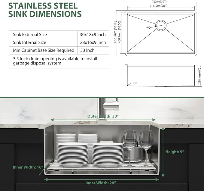 30 Inch Undermount Kitchen Sink - Couoko 30x18 Undermount Single Bowl Kitchen Sink 16 Gauge Stainless Steel Deep Handmade Round Corner Under Counter Kitchen Sink with Accessories