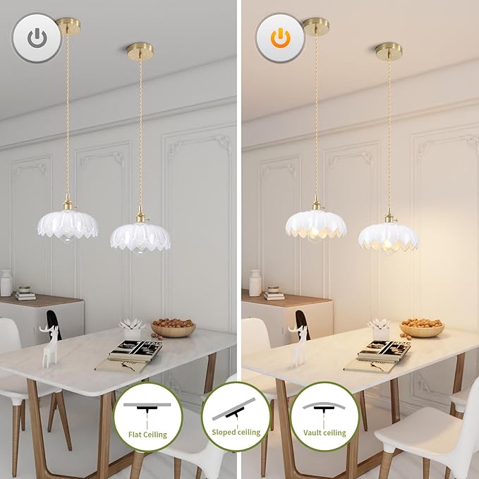 Mid Century Modern Pendant Light Nordic White Chandelier with Hand Blown Flower Glass Shade Brass Adjustable Height Dining Table Pendant Lamp with Switch for Kitchen Island Dining Room Hotel