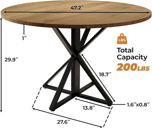 GarveeHome 47 Inch Round Dining Table for 4, Circle Kitchen Table with Pedestal Base, Farmhouse Wooden Dining Table for Small Spaces, Kitchen & Dining Room, Living Room(Brown/Only Table)