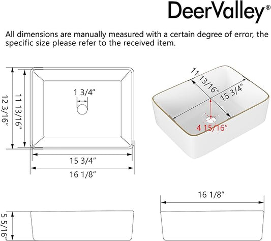 DeerValley Liberty 16x12 Inch Rectangular Vessel Sink, White Ceramic Basin with Gold Band, Above Counter Bathroom Sink, DV-1V0366