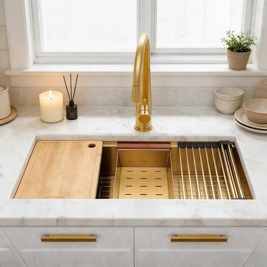 MILOSEN 33 Inch Gold Undermount Kitchen Sink,33" x 19" Gold Stainless Steel Sinks, Single Bowl Workstation Sink with Custom Accessories, Handmade Under Counter Design, 9'' Large and Deep Kitchen Sinks