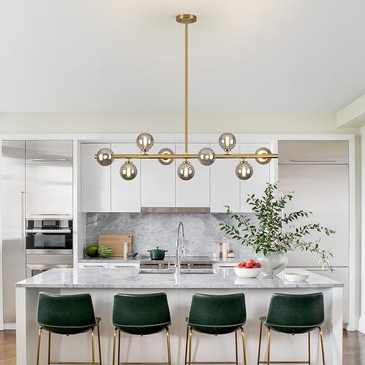 Mid Century Modern Globe Sputnik Chandelier, 9-Light Linear Chandeliers for Dining Room and Kitchen Island, Dining Light Fixture Over Table, Brass Gold and Smoke Grey Glass Bubble, 40 Inch