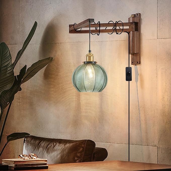 Modern Plug in Hanging Light 2-Light, 7.8 Inch Glass Pendant Light with Plug 14.76 FT Adjustable in Cord, Vintage Green Hanging Lamp for Dining Room Bedroom Kitchen Island Bathroom E26
