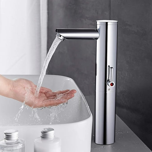 Automatic Touchless Bathroom Sink Faucet Tall Body Motion Activated Sensor Hands Free Commercial Brass Faucets Adjustable Cold Hot 1 Hole Single Handle Basin Vessel Auto Water Mixer(Chrome)
