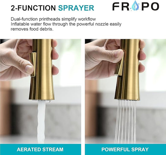 Brushed Gold Kitchen Faucet, Single Handle Gold Kitchen Sink Faucet with Pull Down Sprayer Modern Stainless Steel Brass Kitchen Faucet with Deck Plate Power Clean Spray Head 1 or 3 Hole