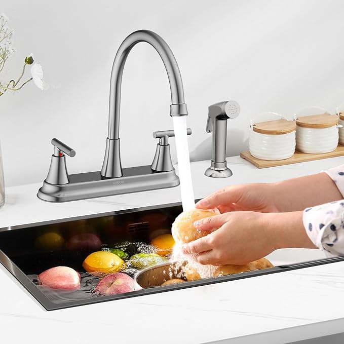 HURRAN 2-Handle Kitchen Faucet with Pull-Out Side Sprayer, 8 Inch High Arch Stainless Steel 360°Rotating Kitchen Sink Faucet, 4 Hole Faucet for Kitchen Bar Rv Camper, Nickel
