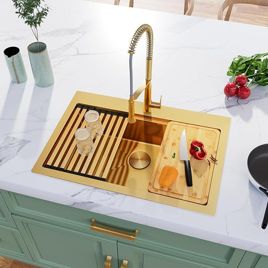 33x22 Inch Gold Drop In Kitchen Sink, 16 Gauge 304 Stainless Steel Sink, Topmount Workstation Kitchen Sink Single Bowl, Large Deep Gold Sink with Ledge & Full Accessories