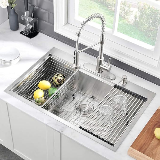 33 Inch Kitchen Sinks Drop In Workstation-VASOYO 33 x 22 Drop In Top Mount Kitchen Sink Stainless Steel 16 Gauge Deep Single Bowl Overmount Sink with Cutting Board