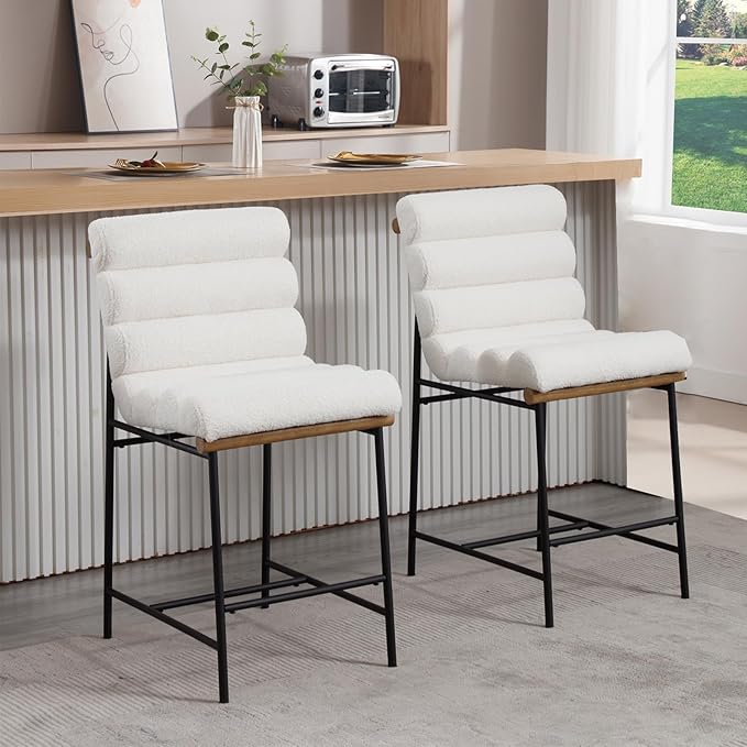 White Boucle Bar stools Set of 4, 25” Modern Upholstered Counter stools with Black Metal Legs, Sherpa Counter Height Chairs for Kitchen Island Armless Stool with Channel Tufted Back