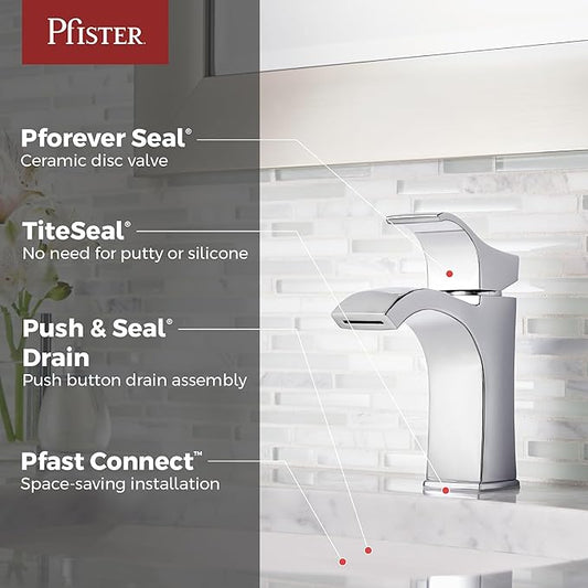 Pfister Venturi Bathroom Sink Faucet, Single Control, 1-Handle, Single Hole, Polished Chrome Finish, LF042VNCC