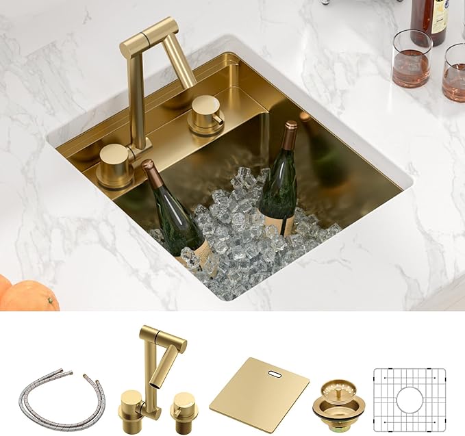 Sarlai Outdoor Sink, 15x17 Inch Gold Undermount Kitchen Sink Workstation with Foldable Faucet Bar Prep Single Bowl Gold Kitchen Sinks16 Gauge Stainless Steel BBQ Sinks with Cover 15"x17"x9“